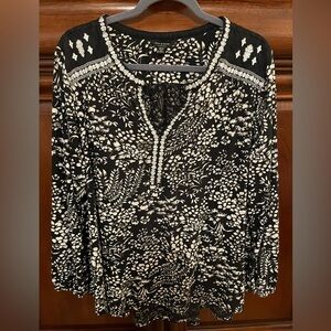 Lucky Brand Black & White Embroidered Floral Long Sleeve Blouse 3X